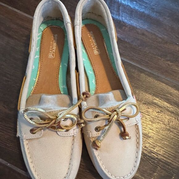 Sperry Top-Sider Angelfish Boat Shoes Beige Leather Gold Laces NWT SZ 8.5 - Picture 7 of 13